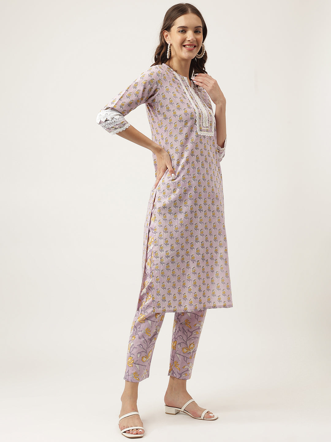 Lavender Printed Cotton Kurta, Trouser With Dupatta Set | LASVINI - Redefining Indian Fashion with Elegance