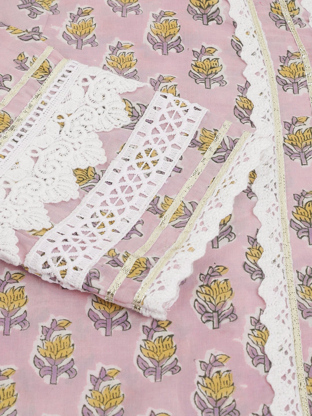 Lavender Printed Cotton Kurta, Trouser With Dupatta Set | LASVINI - Redefining Indian Fashion with Elegance