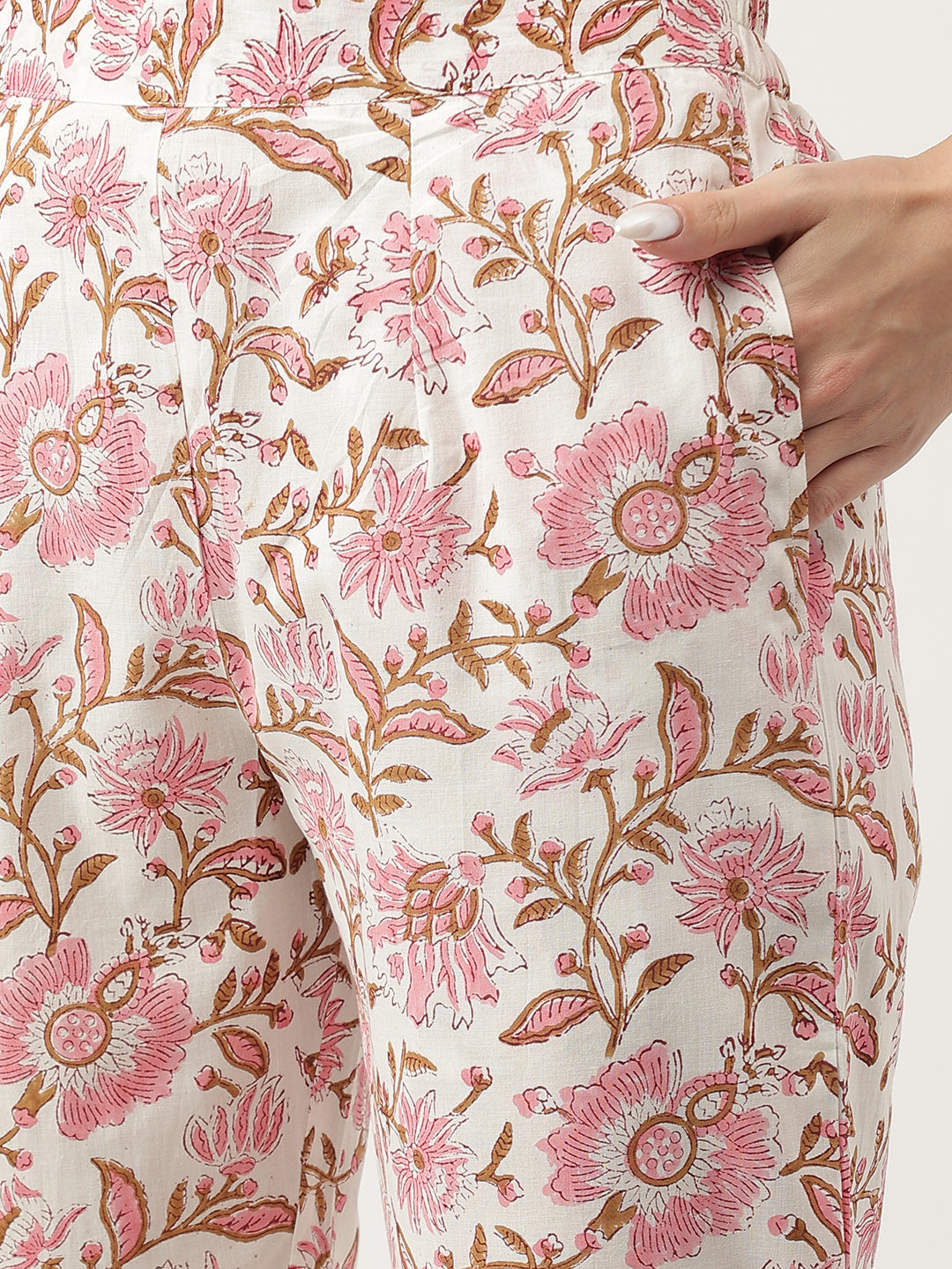 Pink Floral Printed Cotton Kurta, Trouser With Dupatta Set | LASVINI - Redefining Indian Fashion with Elegance