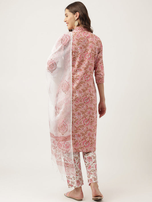 Pink Floral Printed Cotton Kurta, Trouser With Dupatta Set | LASVINI - Redefining Indian Fashion with Elegance
