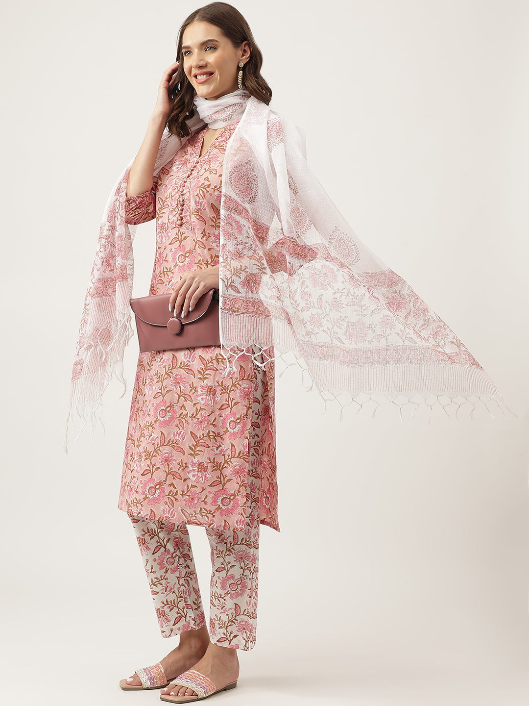 Pink Floral Printed Cotton Kurta, Trouser With Dupatta Set | LASVINI - Redefining Indian Fashion with Elegance