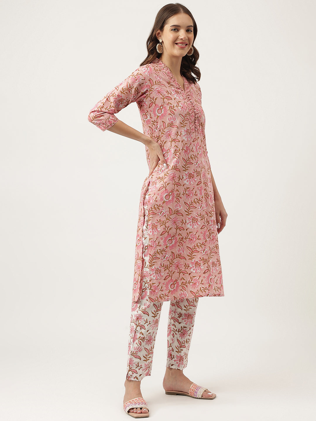 Pink Floral Printed Cotton Kurta, Trouser With Dupatta Set | LASVINI - Redefining Indian Fashion with Elegance