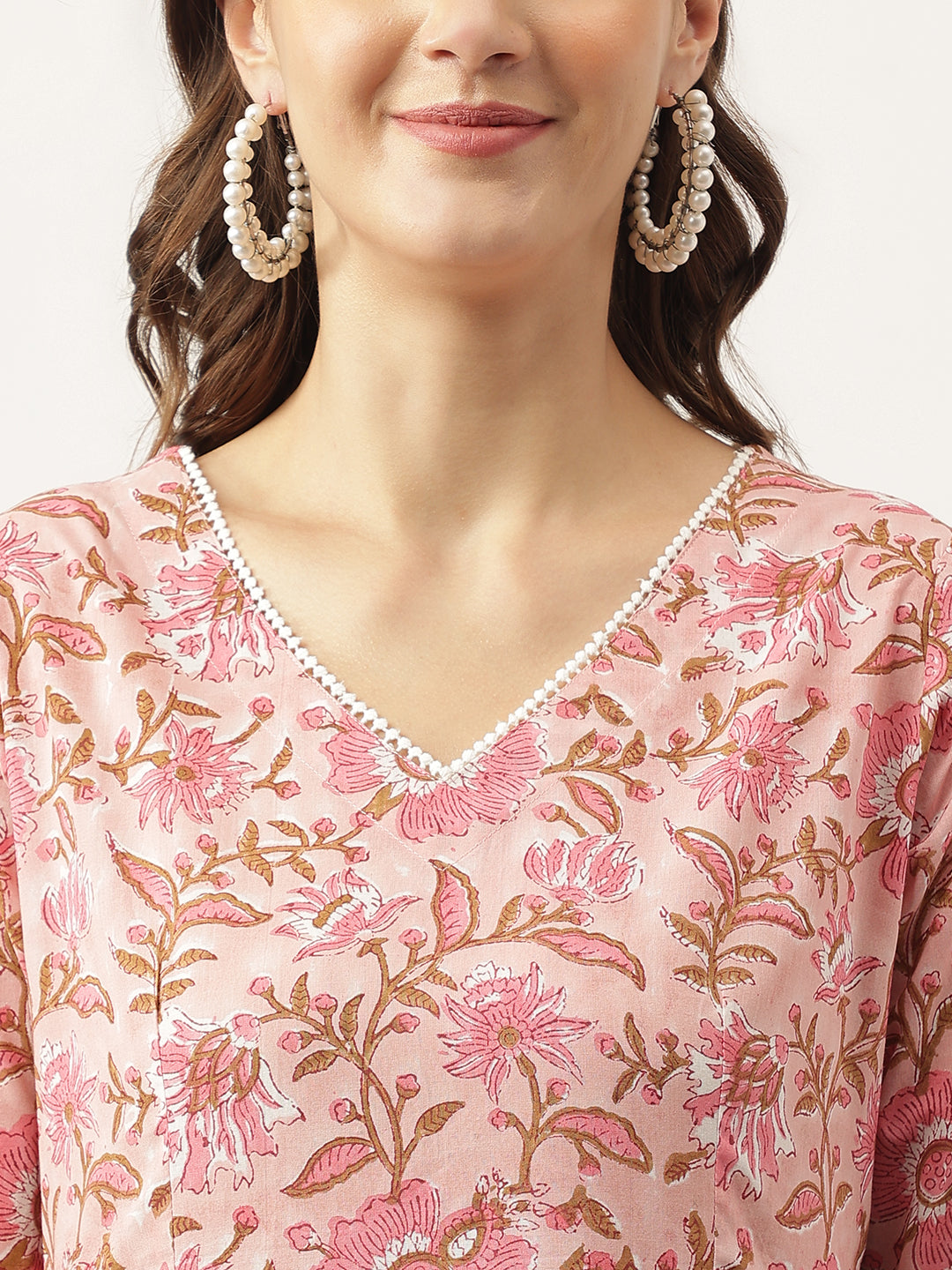 Pink Floral Printed Cotton Anarkali Kurta, Trouser With Dupatta Set | LASVINI - Redefining Indian Fashion with Elegance