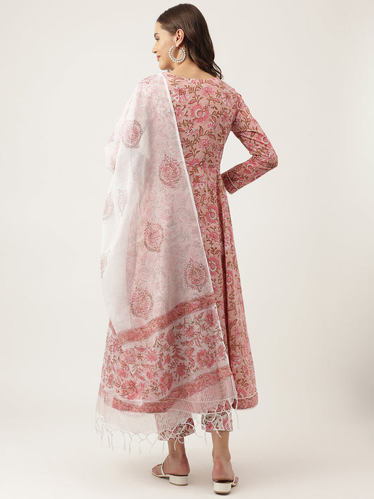 Pink Floral Printed Cotton Anarkali Kurta, Trouser With Dupatta Set | LASVINI - Redefining Indian Fashion with Elegance