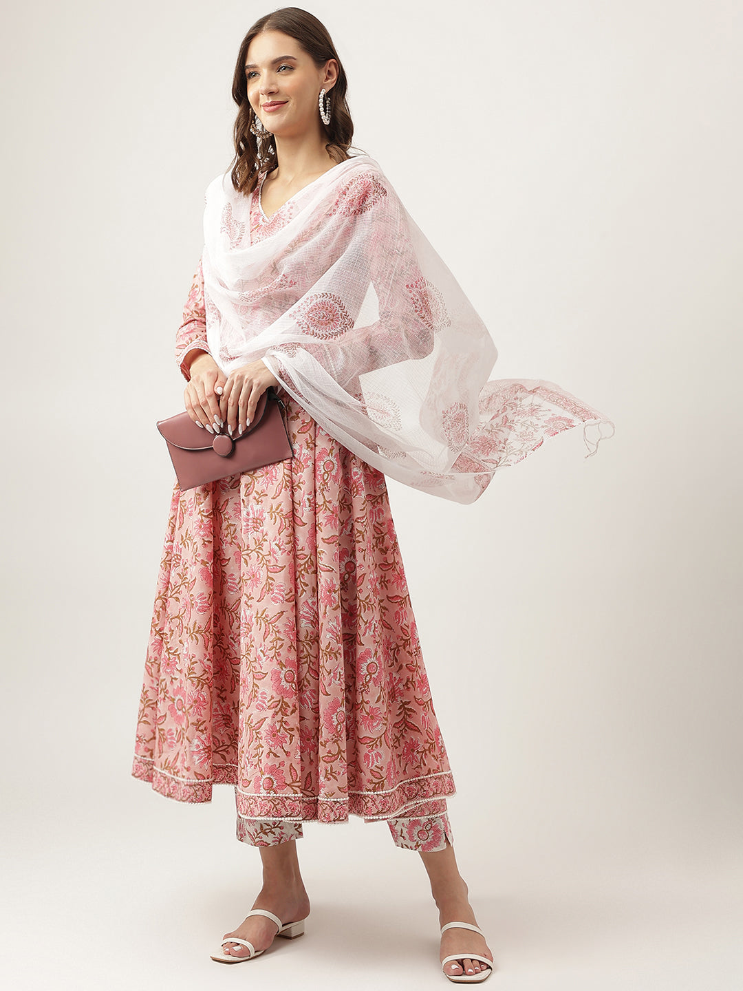 Pink Floral Printed Cotton Anarkali Kurta, Trouser With Dupatta Set | LASVINI - Redefining Indian Fashion with Elegance