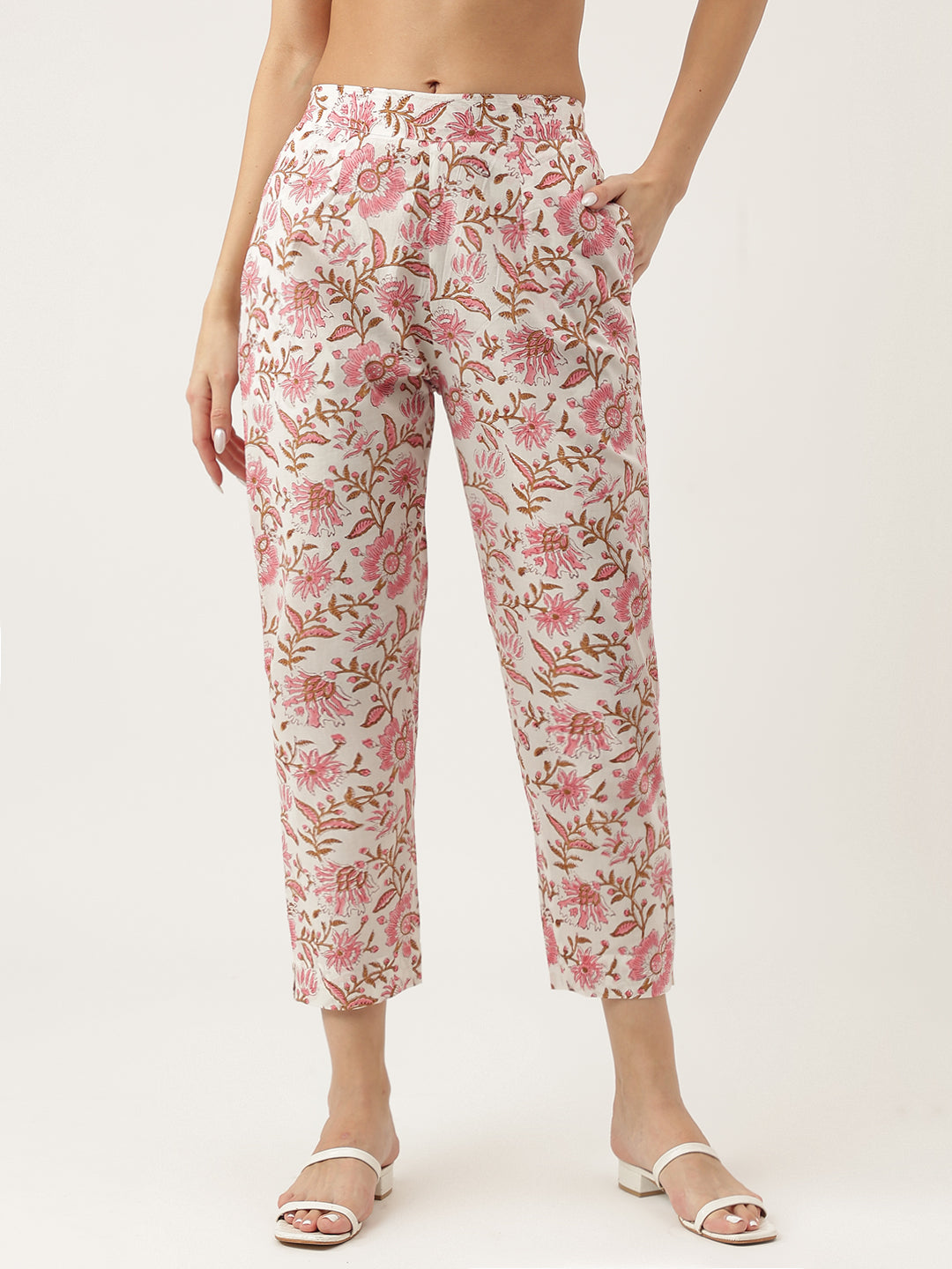 Pink Floral Printed Cotton Anarkali Kurta, Trouser With Dupatta Set | LASVINI - Redefining Indian Fashion with Elegance