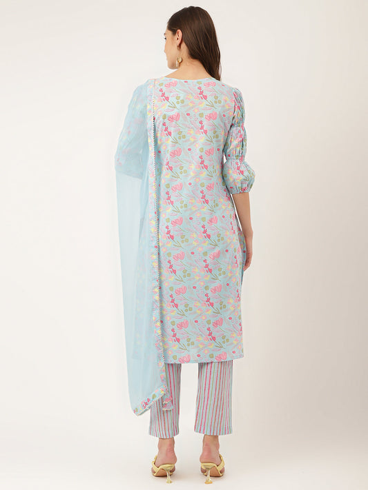 Blue Floral Print Cotton Kurta, Trouser With Dupatta | LASVINI - Redefining Indian Fashion with Elegance