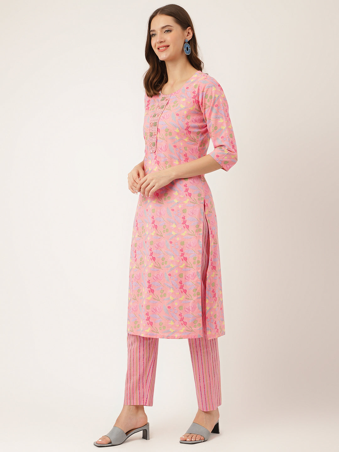 Pink Floral Print Cotton Kurta, Trouser With Dupatta | LASVINI - Redefining Indian Fashion with Elegance