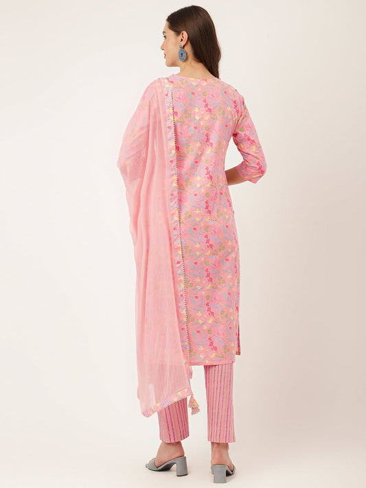 Pink Floral Print Cotton Kurta, Trouser With Dupatta | LASVINI - Redefining Indian Fashion with Elegance