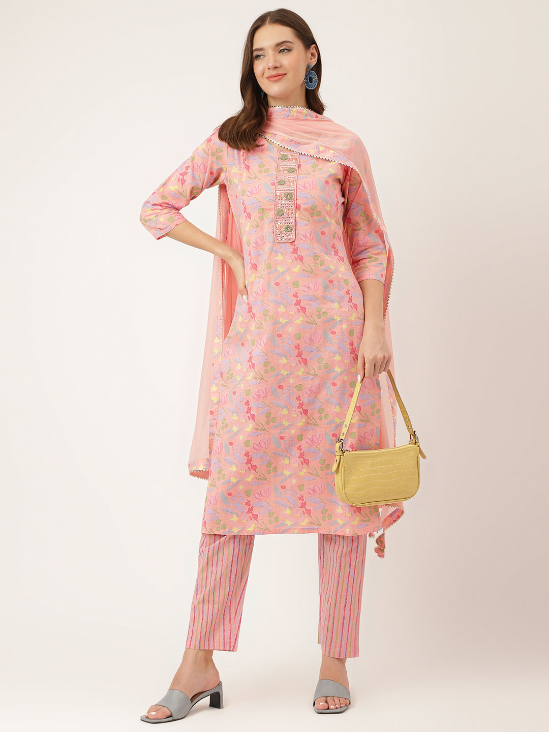 Pink Floral Print Cotton Kurta, Trouser With Dupatta | LASVINI - Redefining Indian Fashion with Elegance