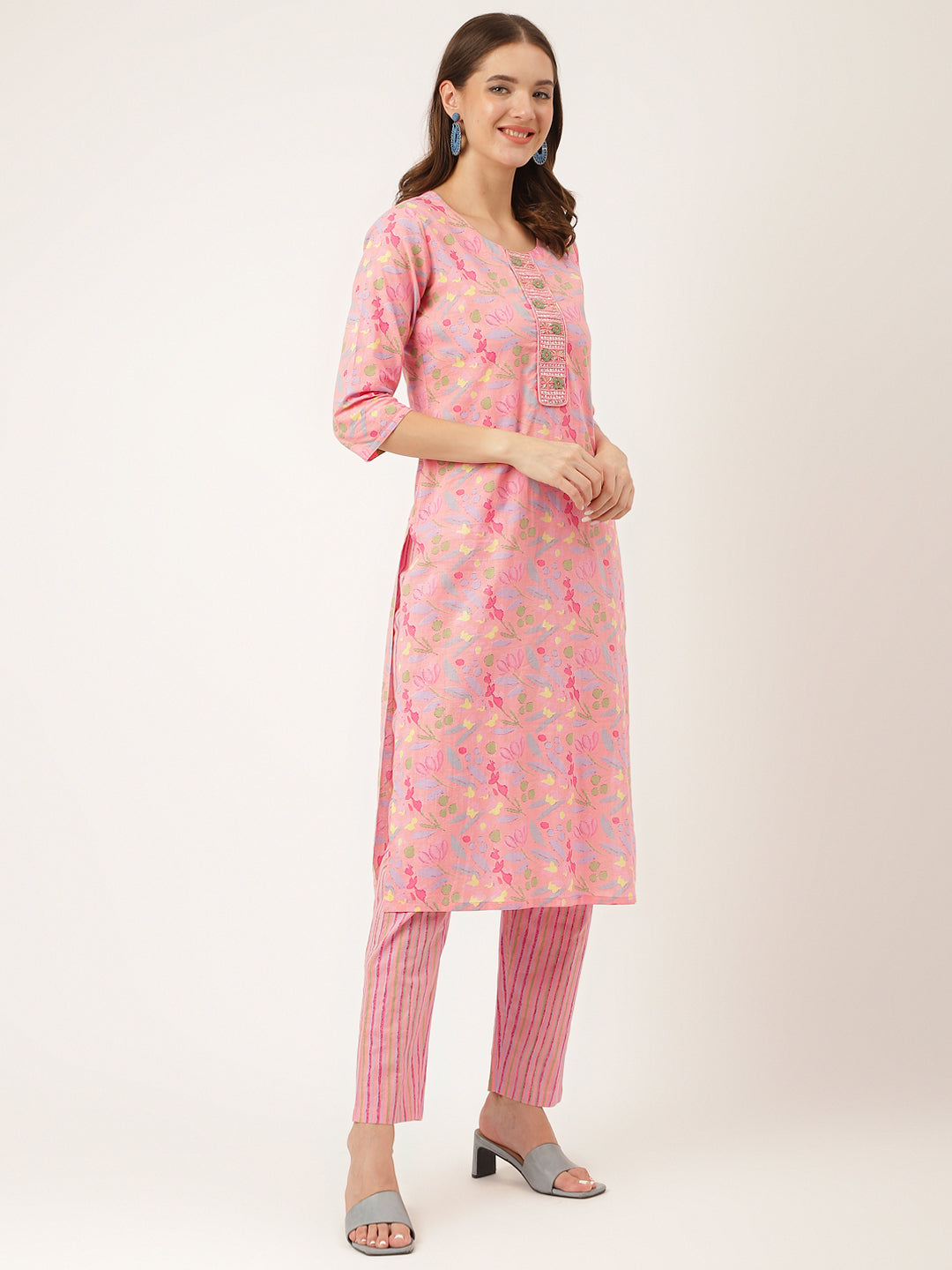 Pink Floral Print Cotton Kurta, Trouser With Dupatta | LASVINI - Redefining Indian Fashion with Elegance