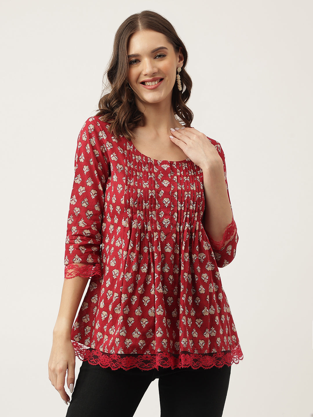 Maroon Floral Printed Cotton Peplum Top | LASVINI - Redefining Indian Fashion with Elegance