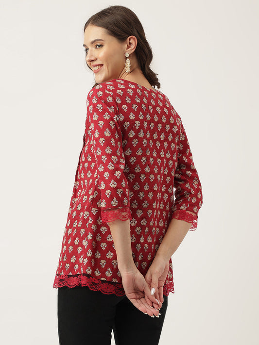 Maroon Floral Printed Cotton Peplum Top | LASVINI - Redefining Indian Fashion with Elegance
