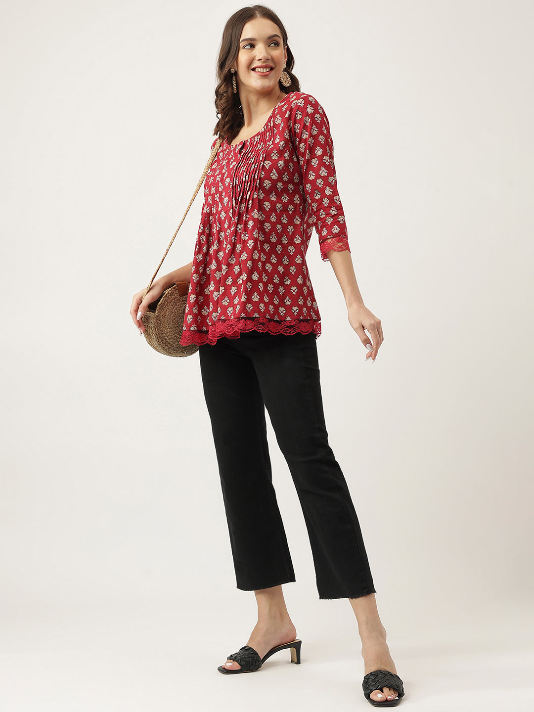 Maroon Floral Printed Cotton Peplum Top | LASVINI - Redefining Indian Fashion with Elegance