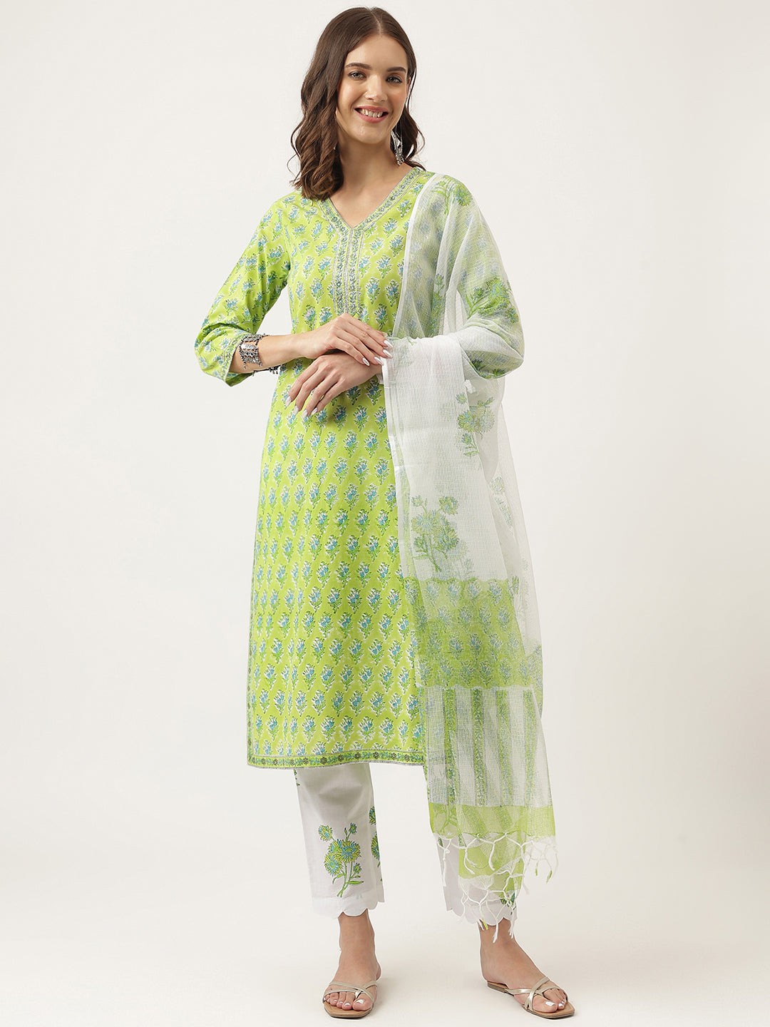 Green Floral Printed Kurta Trouser & Dupatta Set | LASVINI - Redefining Indian Fashion with Elegance