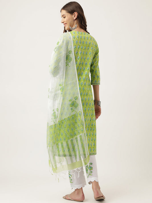 Green Floral Printed Kurta Trouser & Dupatta Set | LASVINI - Redefining Indian Fashion with Elegance
