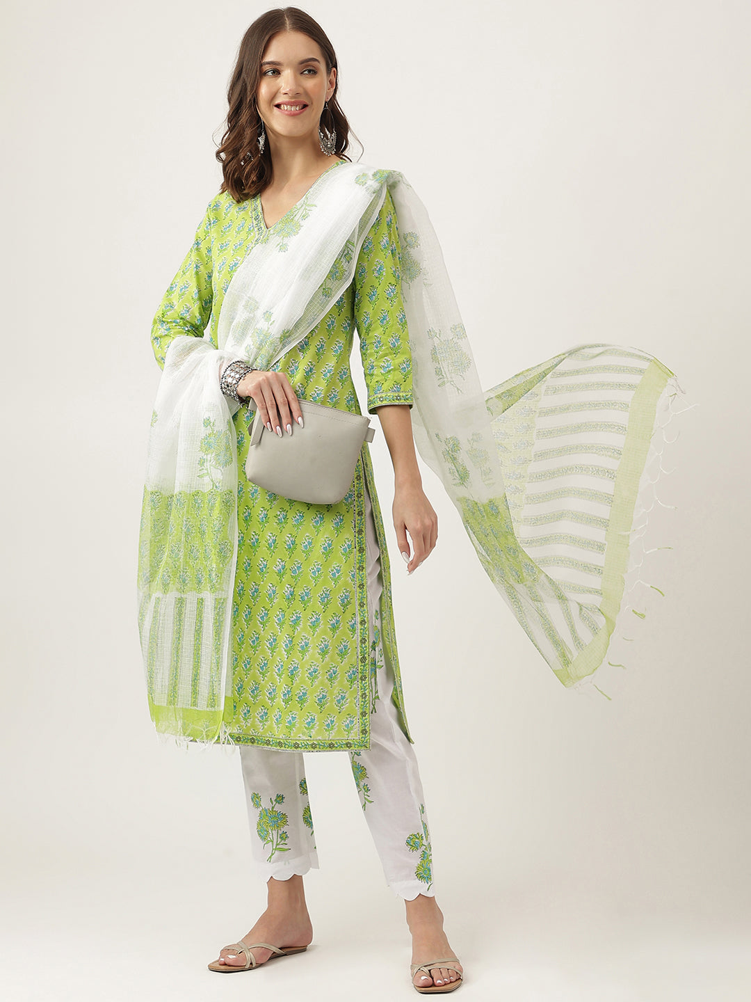 Green Floral Printed Kurta Trouser & Dupatta Set | LASVINI - Redefining Indian Fashion with Elegance