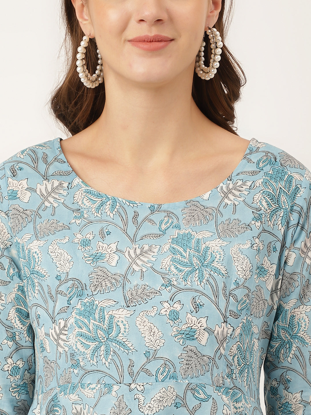 Sky Blue Hand Block Floral Print Cotton Kurta, Trouser With Dupatta | LASVINI - Redefining Indian Fashion with Elegance