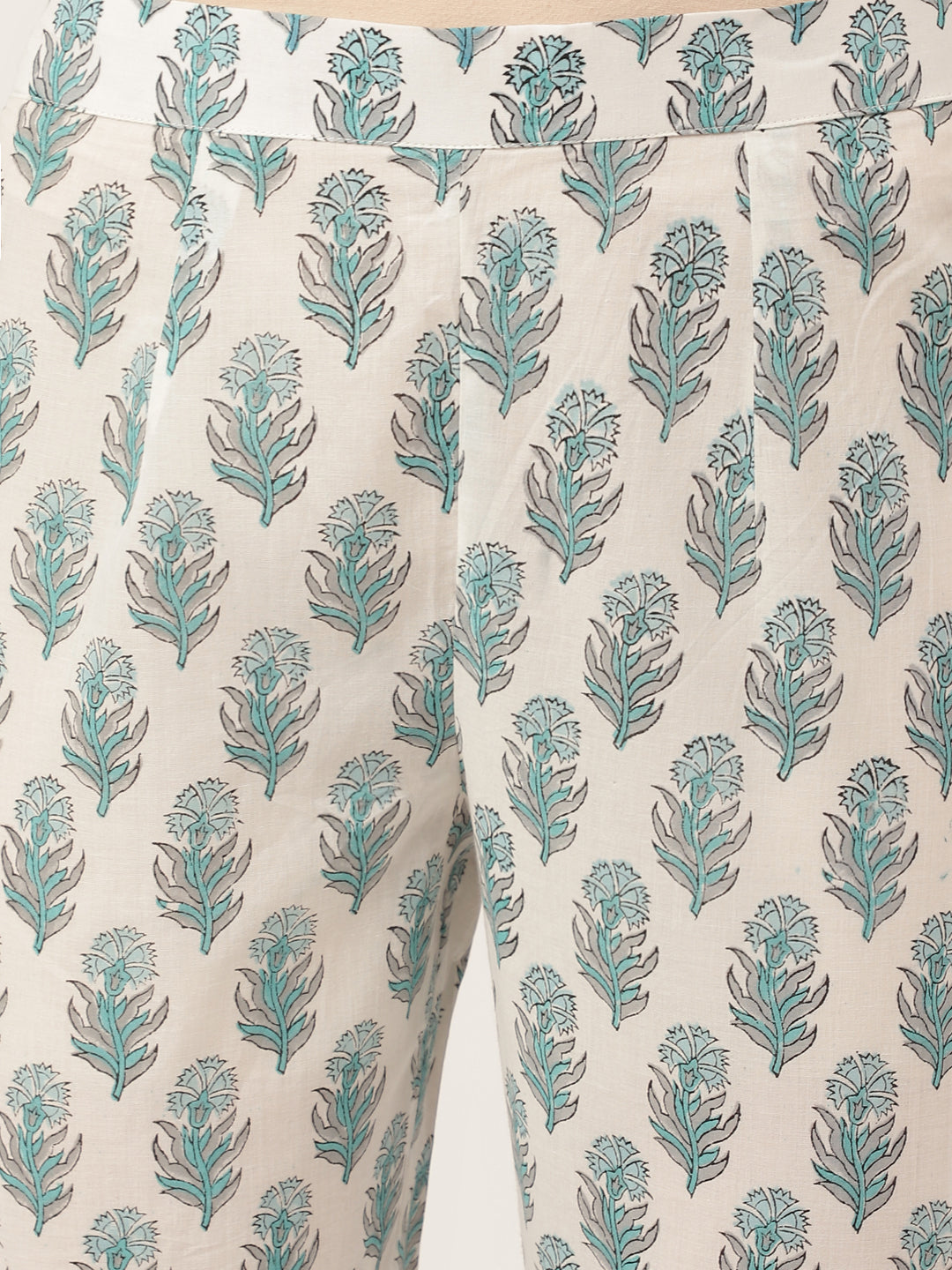Sky Blue Hand Block Floral Print Cotton Kurta, Trouser With Dupatta | LASVINI - Redefining Indian Fashion with Elegance