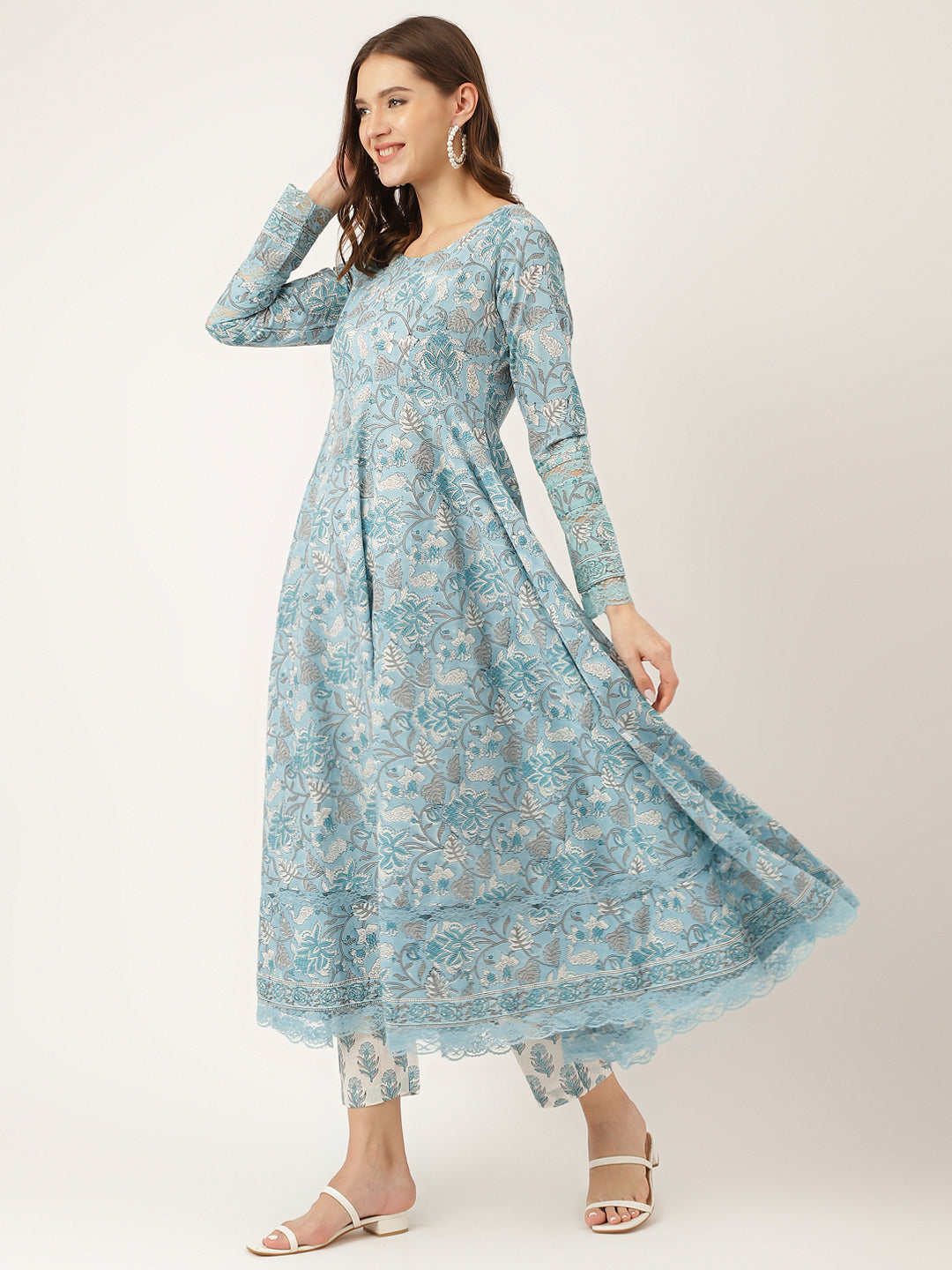 Sky Blue Hand Block Floral Print Cotton Kurta, Trouser With Dupatta | LASVINI - Redefining Indian Fashion with Elegance