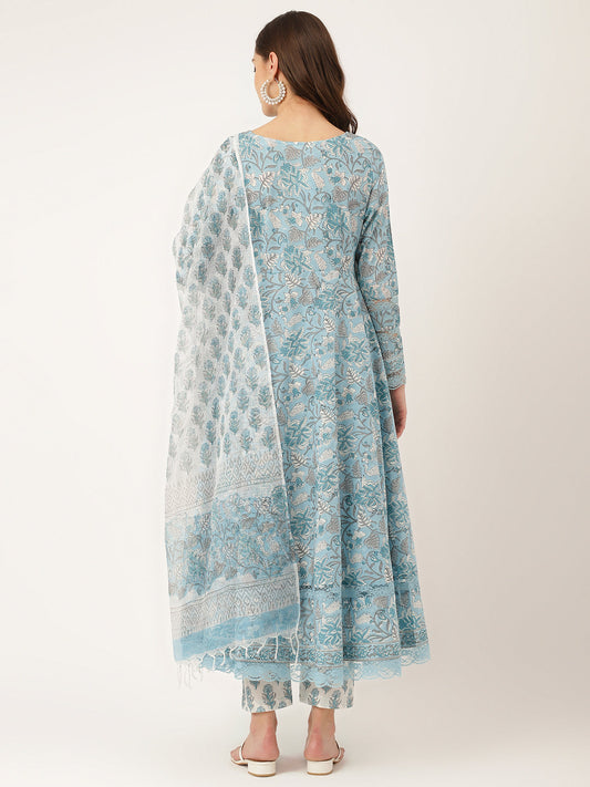 Sky Blue Hand Block Floral Print Cotton Kurta, Trouser With Dupatta | LASVINI - Redefining Indian Fashion with Elegance