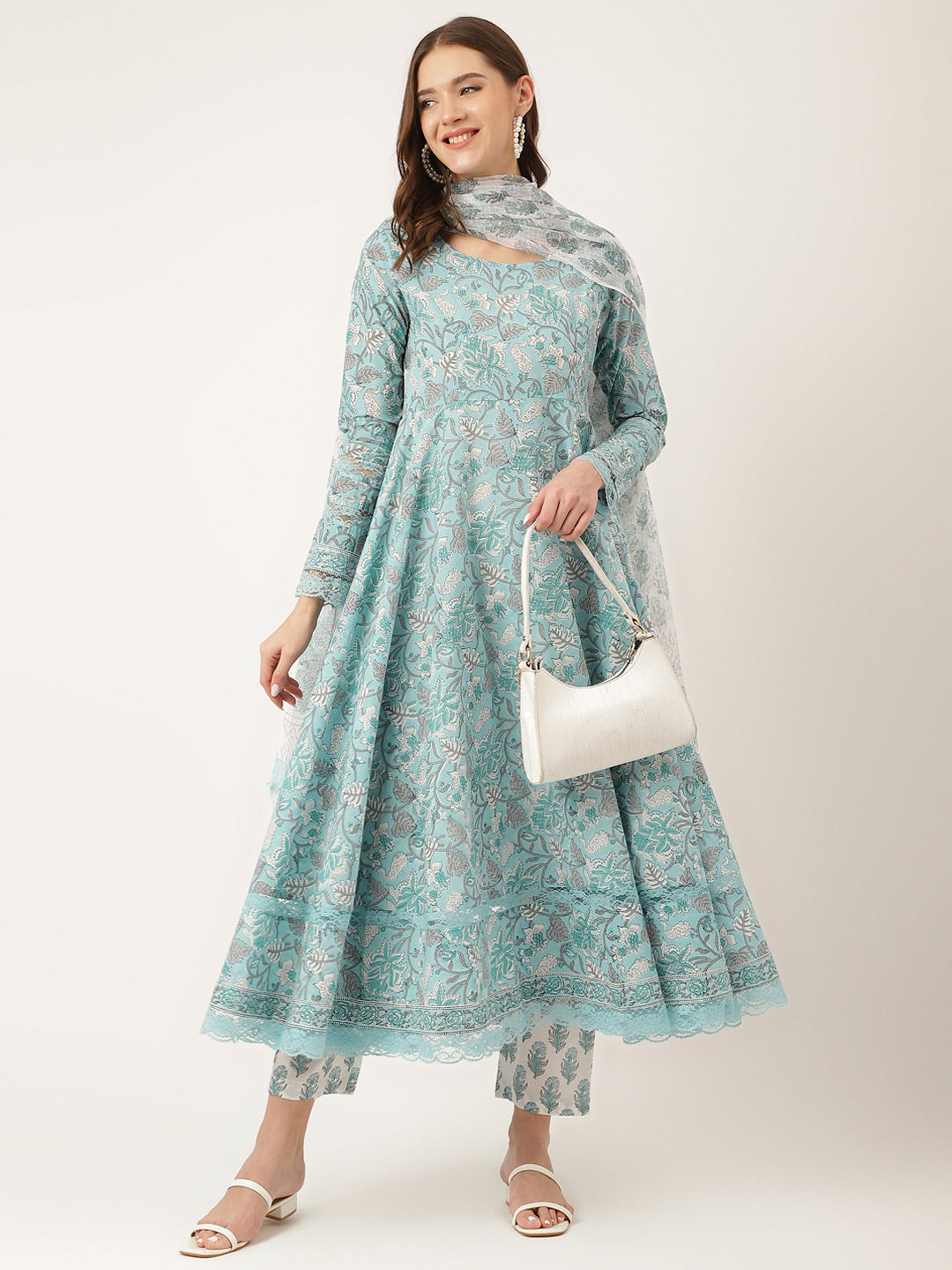 Sky Blue Hand Block Floral Print Cotton Kurta, Trouser With Dupatta | LASVINI - Redefining Indian Fashion with Elegance