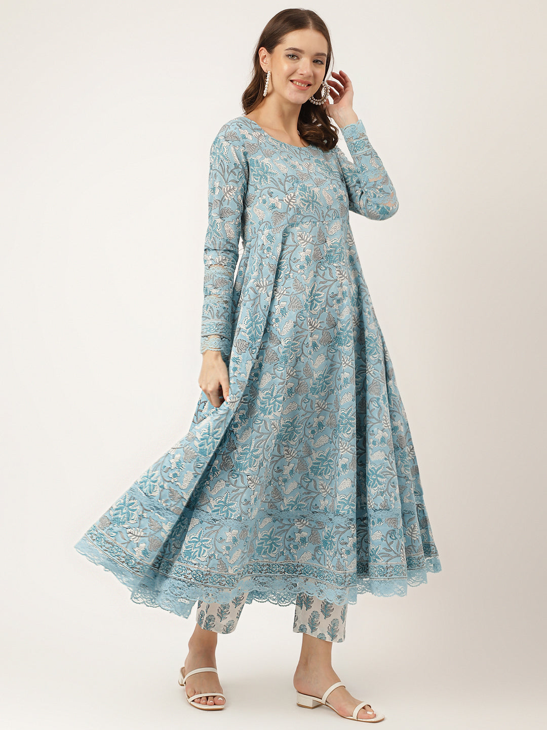 Sky Blue Hand Block Floral Print Cotton Kurta, Trouser With Dupatta | LASVINI - Redefining Indian Fashion with Elegance