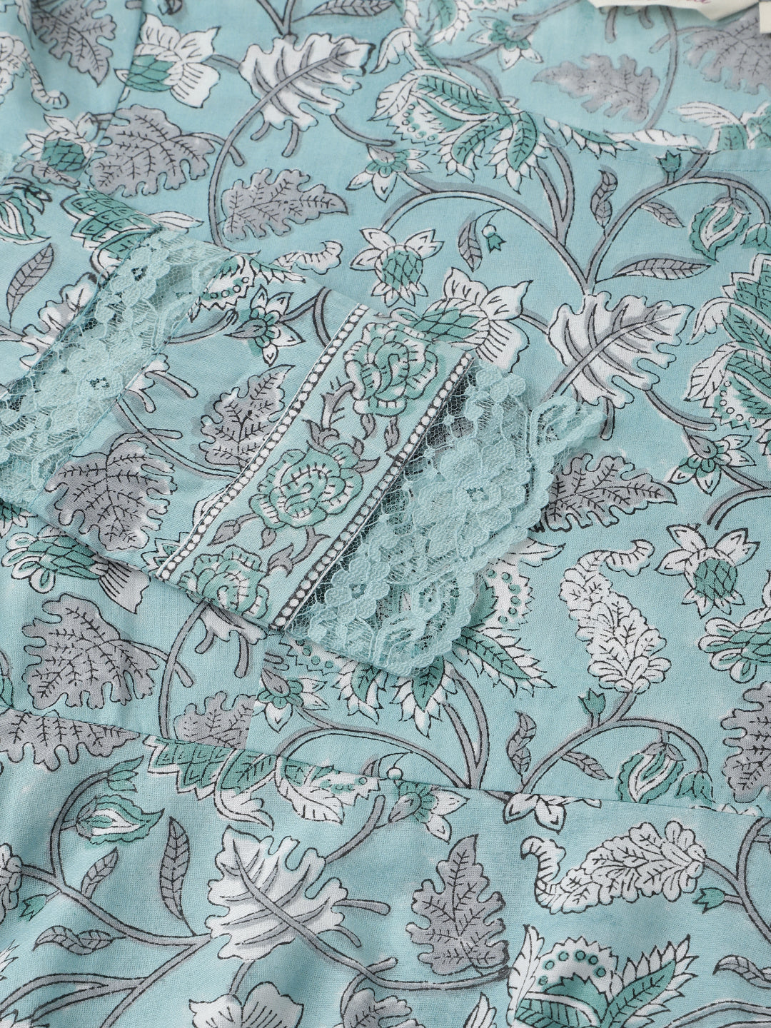 Sky Blue Hand Block Floral Print Cotton Kurta, Trouser With Dupatta | LASVINI - Redefining Indian Fashion with Elegance