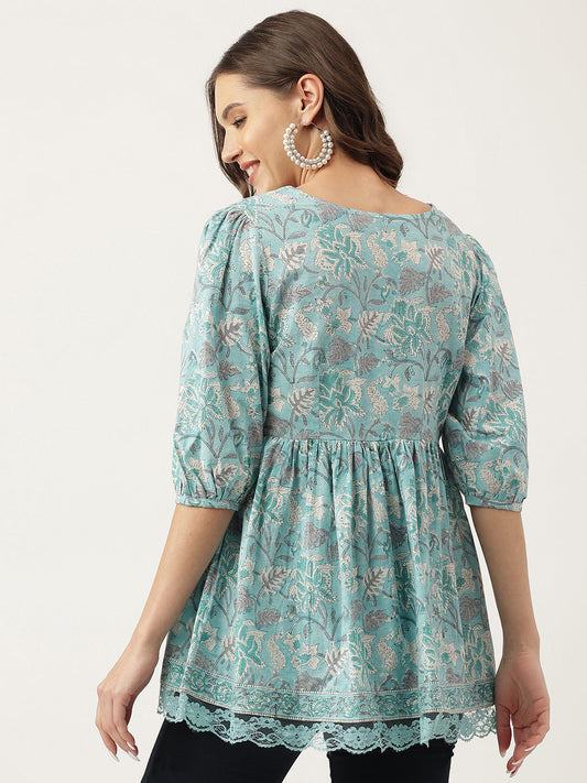 Light Blue Floral Printed Cotton Peplum Fit Top | LASVINI - Redefining Indian Fashion with Elegance