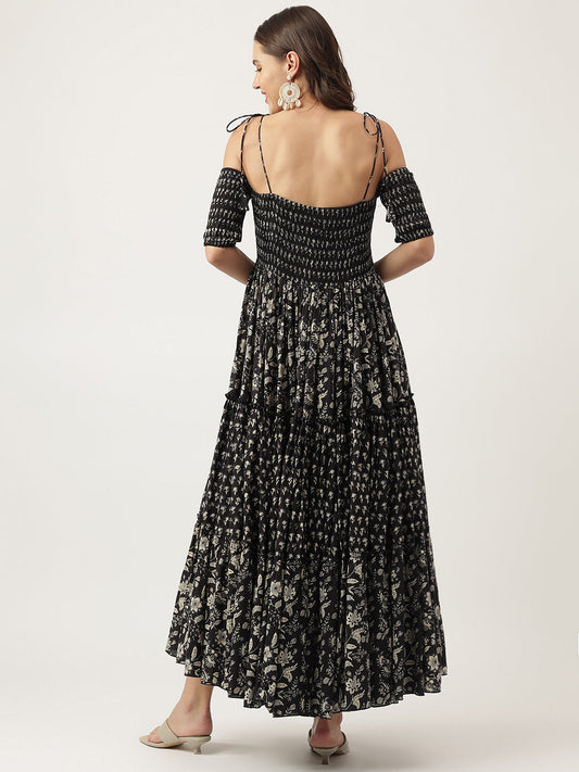 Floral Printed Cotton Cold Shoulder Ethnic Dress | LASVINI - Redefining Indian Fashion with Elegance