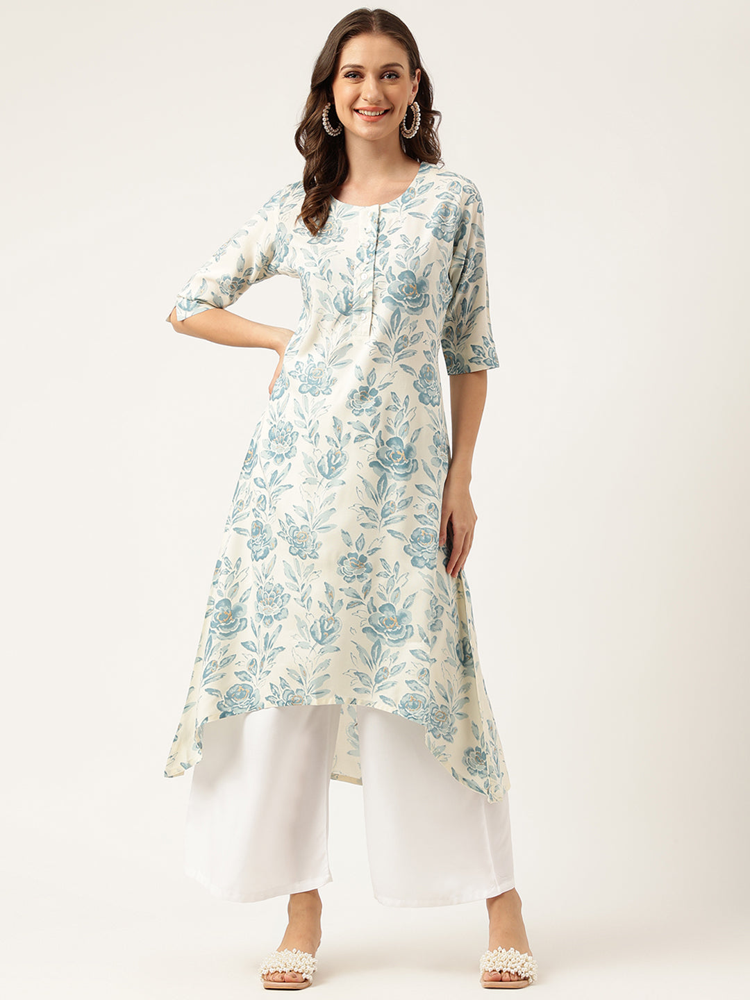 Floral Print A-Line Kurta With Asymmetric Hemline | LASVINI - Redefining Indian Fashion with Elegance