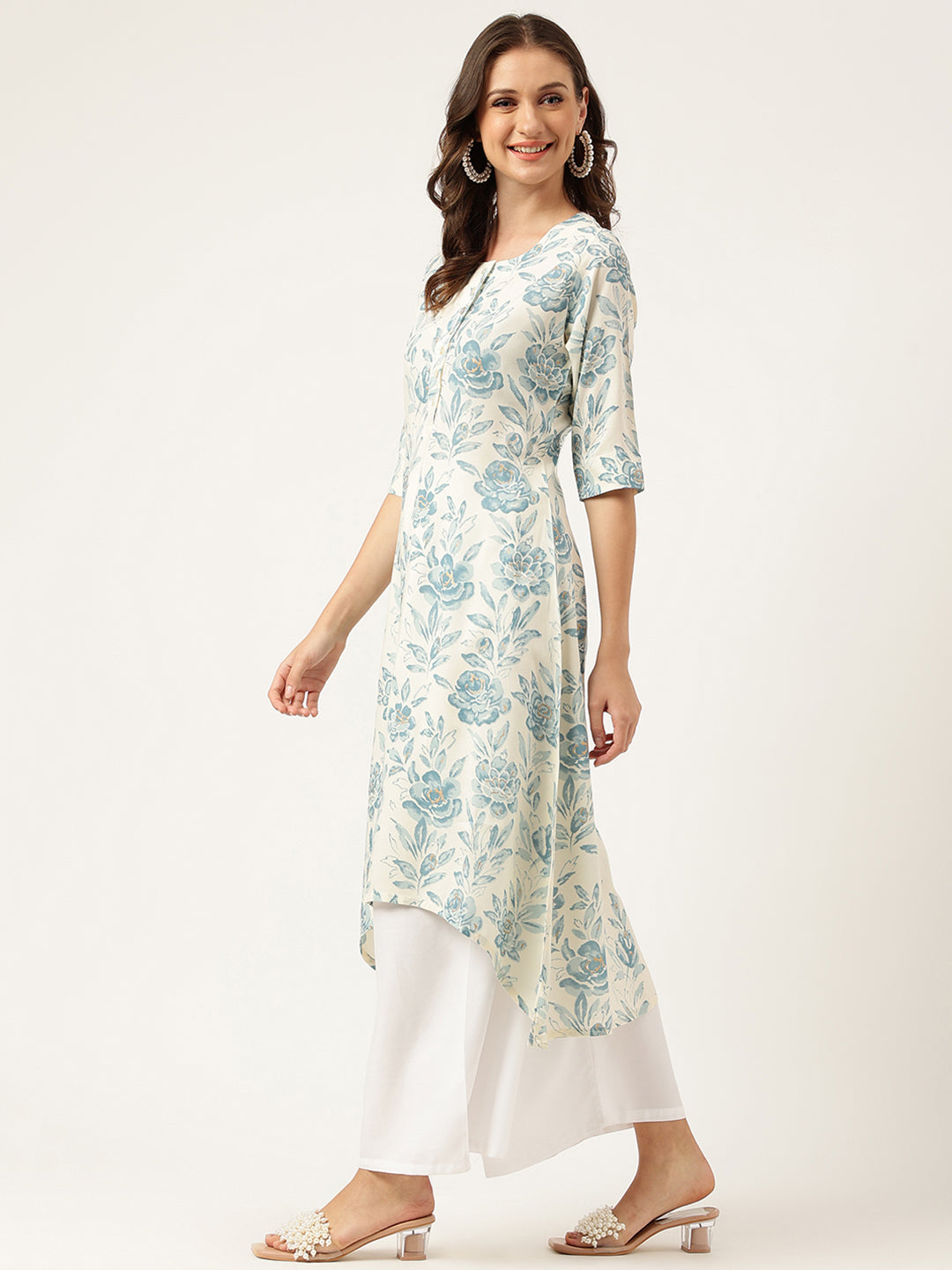 Floral Print A-Line Kurta With Asymmetric Hemline | LASVINI - Redefining Indian Fashion with Elegance