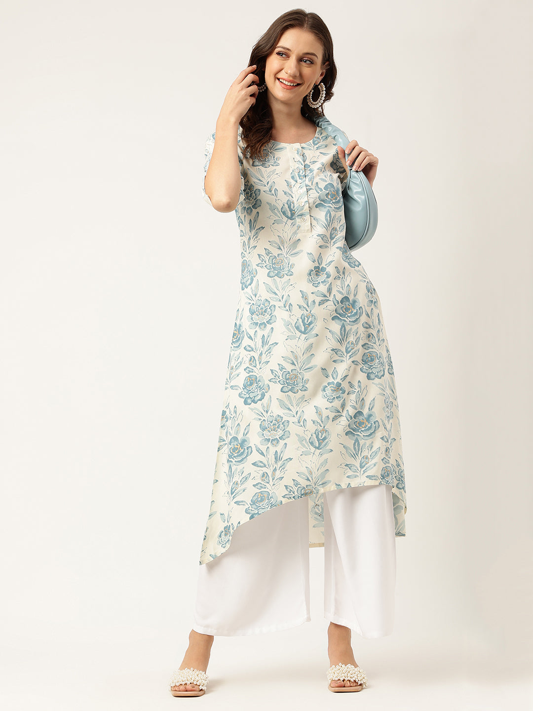 Floral Print A-Line Kurta With Asymmetric Hemline | LASVINI - Redefining Indian Fashion with Elegance