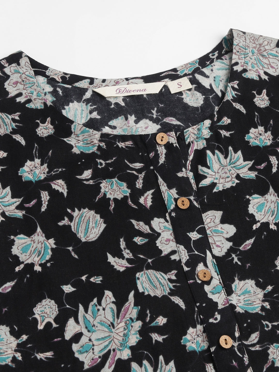 Black Floral Print Straight Fit Cotton Kurta | LASVINI - Redefining Indian Fashion with Elegance
