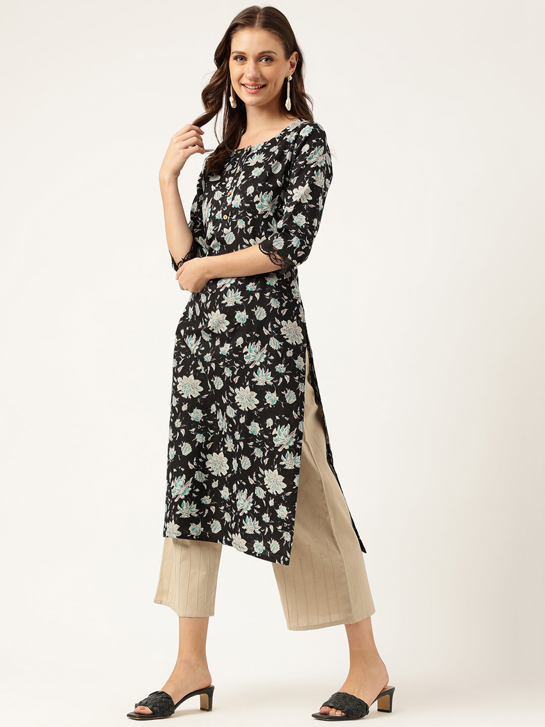 Black Floral Print Straight Fit Cotton Kurta | LASVINI - Redefining Indian Fashion with Elegance
