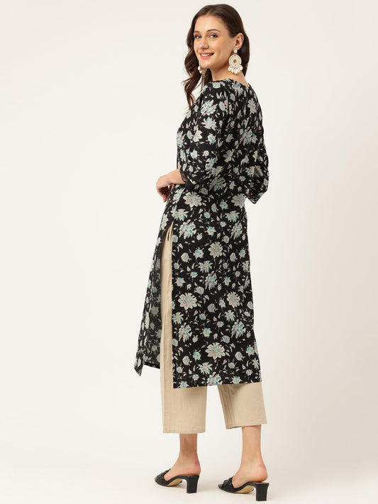 Black Floral Print Straight Fit Cotton Kurta | LASVINI - Redefining Indian Fashion with Elegance