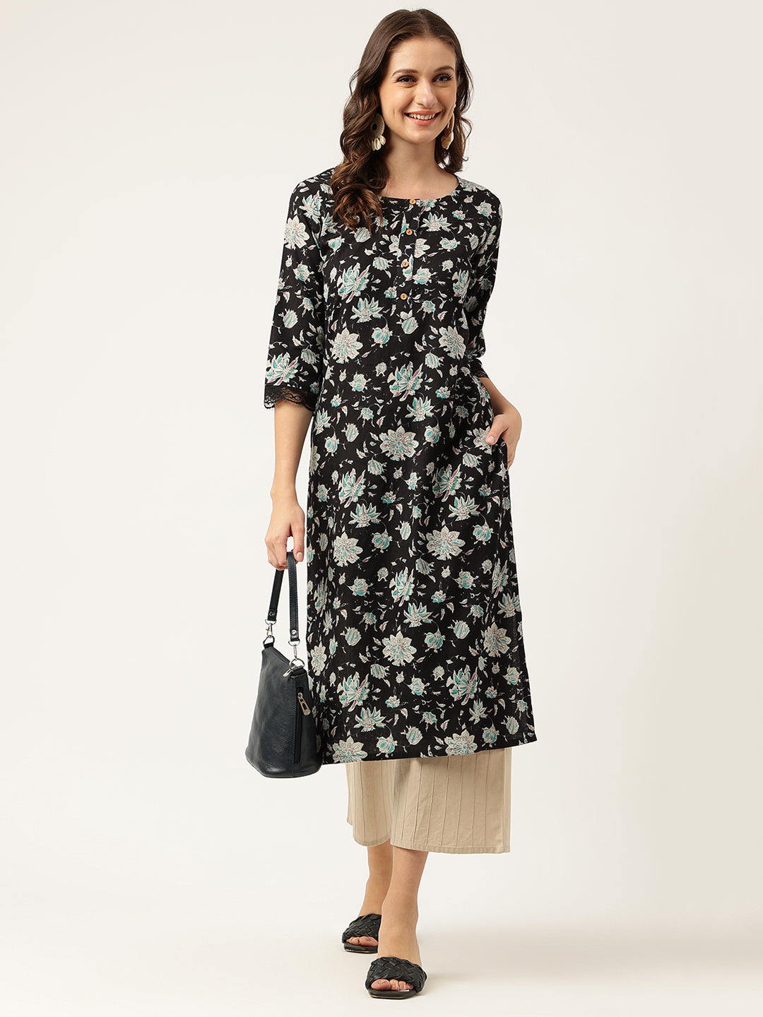 Black Floral Print Straight Fit Cotton Kurta | LASVINI - Redefining Indian Fashion with Elegance