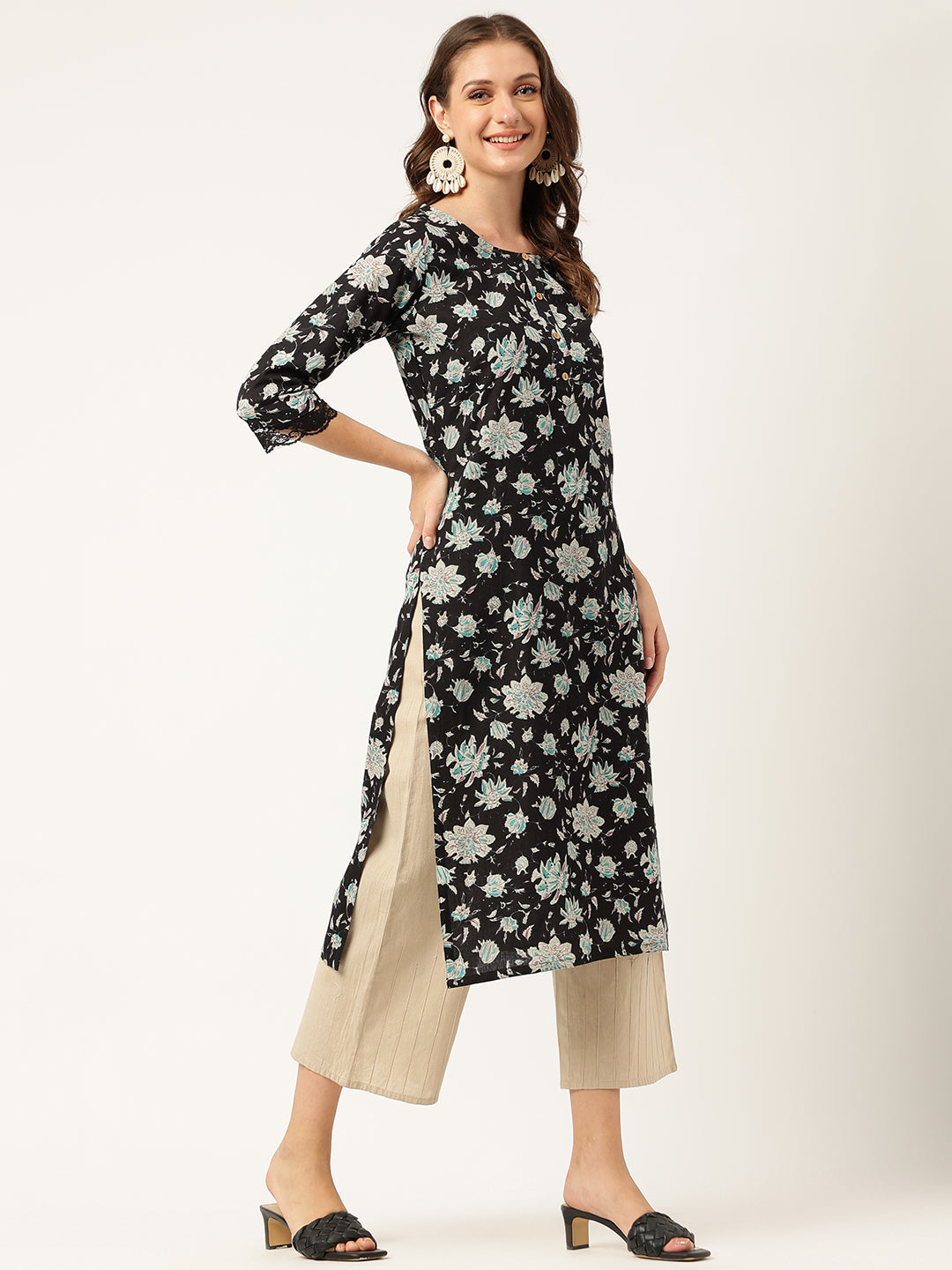 Black Floral Print Straight Fit Cotton Kurta | LASVINI - Redefining Indian Fashion with Elegance