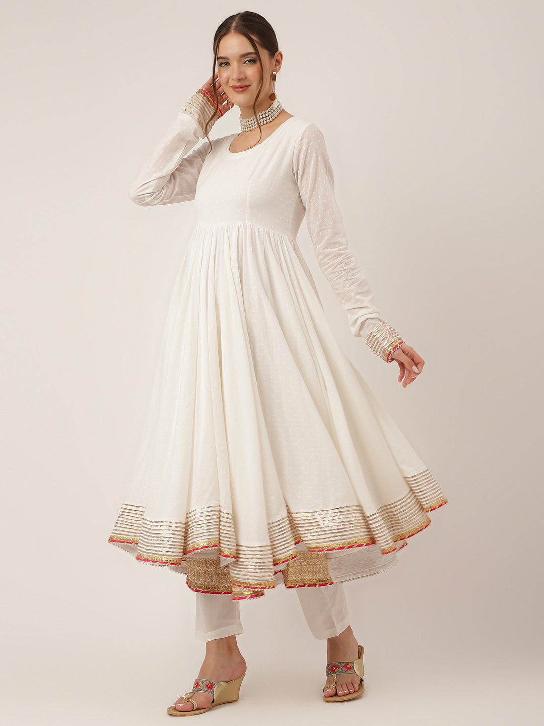 Off White Shree Ram Buta Print Cotton Layered Anarkali Kurta, Trouser With Dupatta | LASVINI - Redefining Indian Fashion with Elegance