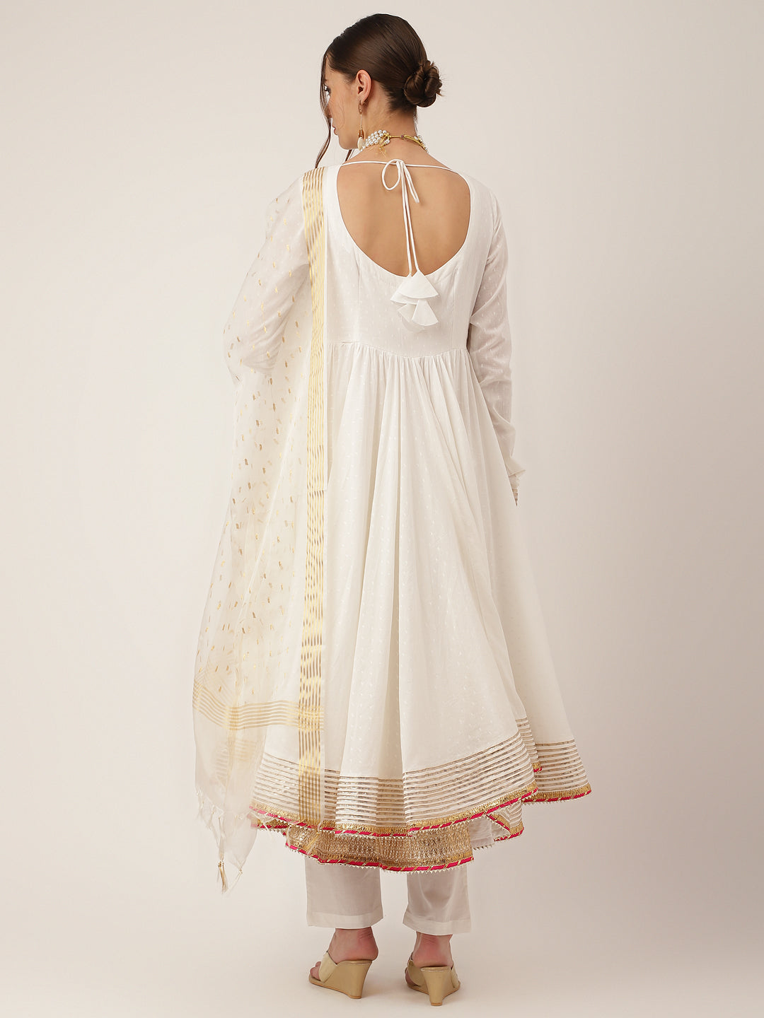 Off White Shree Ram Buta Print Cotton Layered Anarkali Kurta, Trouser With Dupatta | LASVINI - Redefining Indian Fashion with Elegance