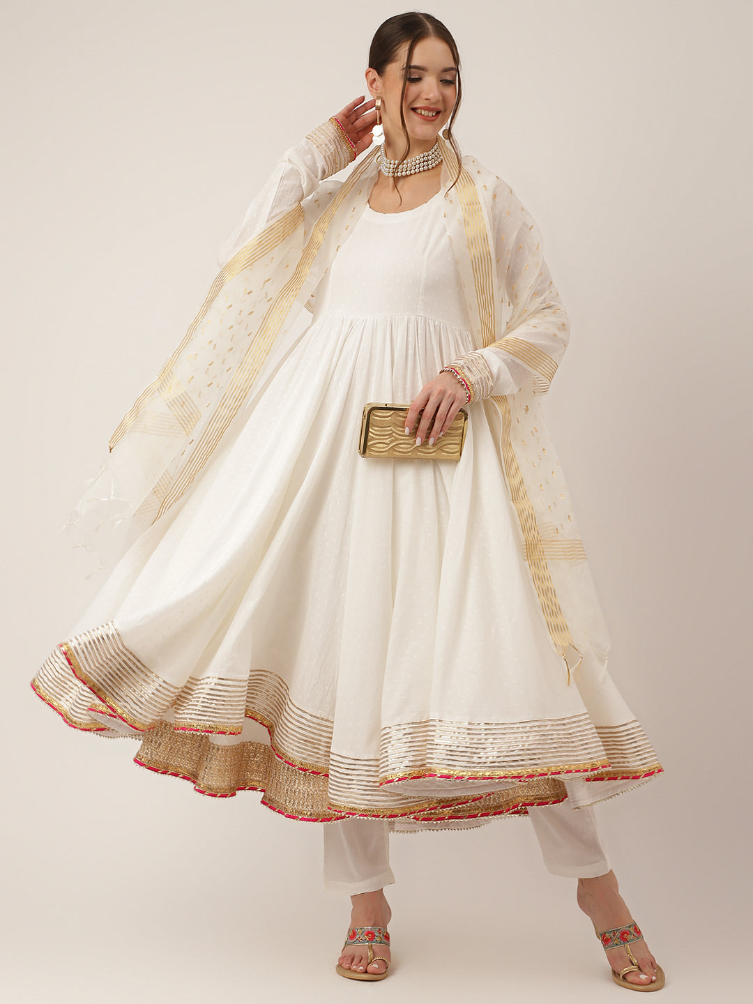 Off White Shree Ram Buta Print Cotton Layered Anarkali Kurta, Trouser With Dupatta | LASVINI - Redefining Indian Fashion with Elegance