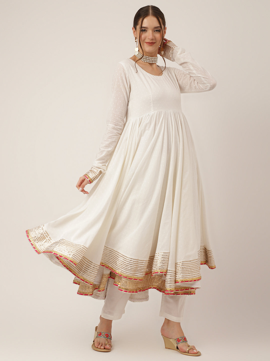 Off White Shree Ram Buta Print Cotton Layered Anarkali Kurta, Trouser With Dupatta | LASVINI - Redefining Indian Fashion with Elegance