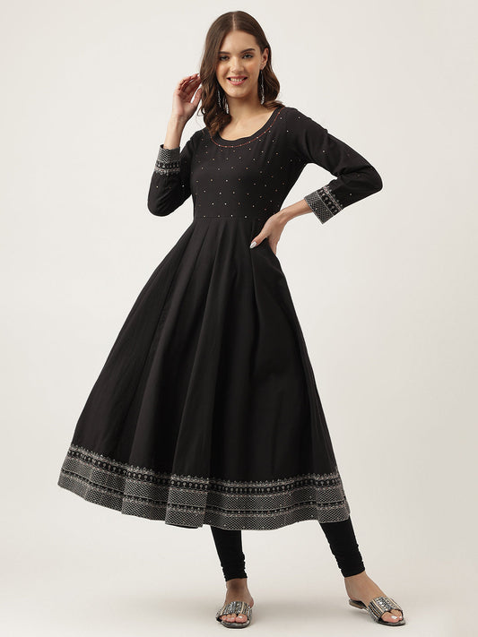 Black Embroidered Cotton Anarkali Kurta | LASVINI - Redefining Indian Fashion with Elegance