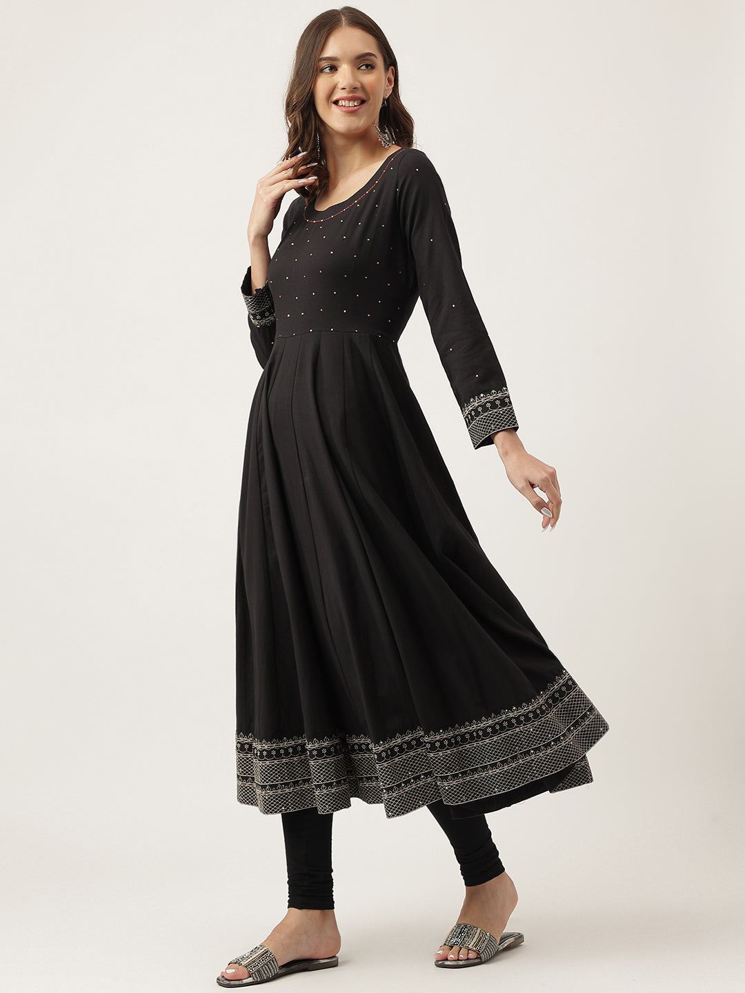Black Embroidered Cotton Anarkali Kurta | LASVINI - Redefining Indian Fashion with Elegance