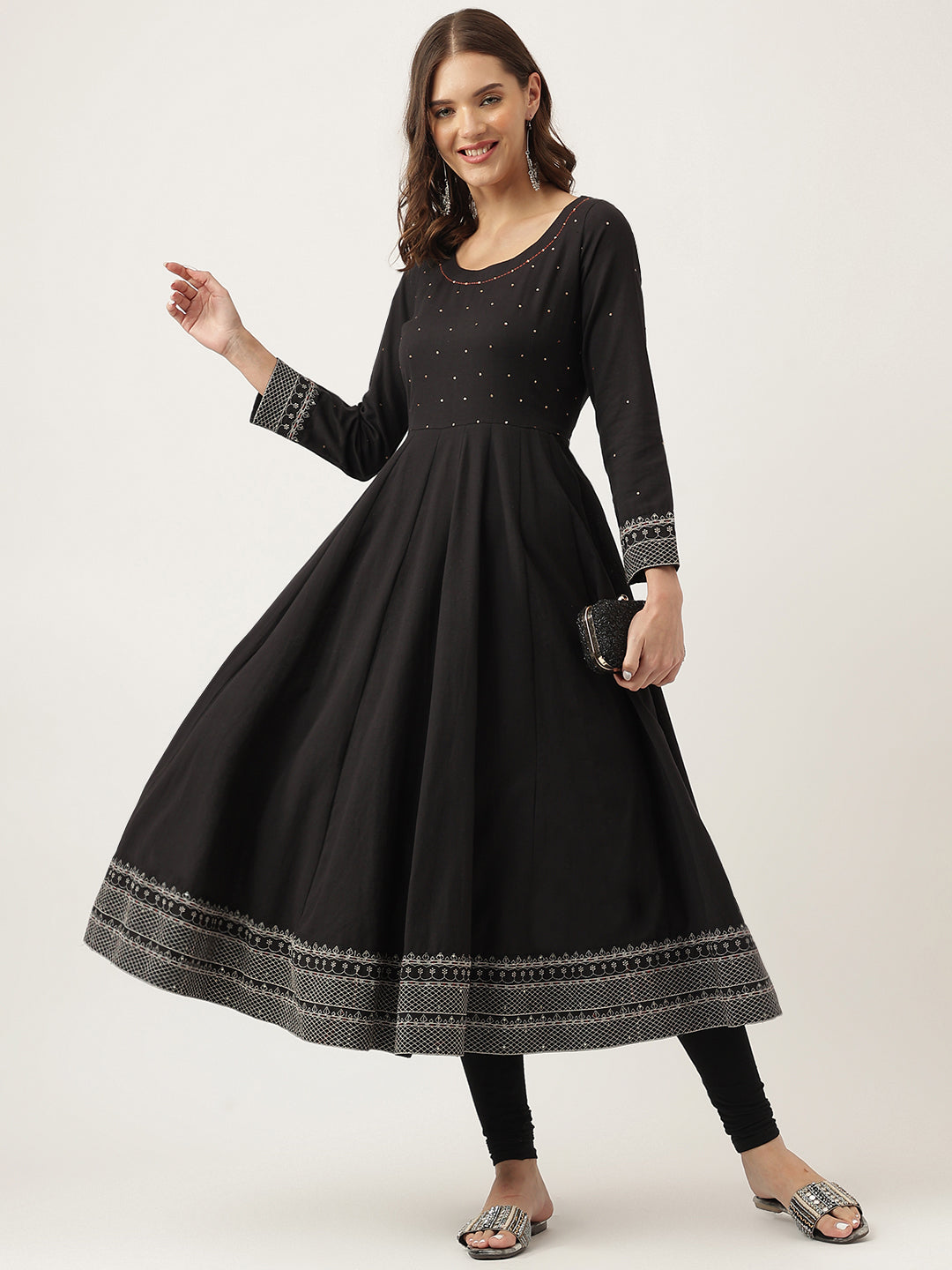 Black Embroidered Cotton Anarkali Kurta | LASVINI - Redefining Indian Fashion with Elegance