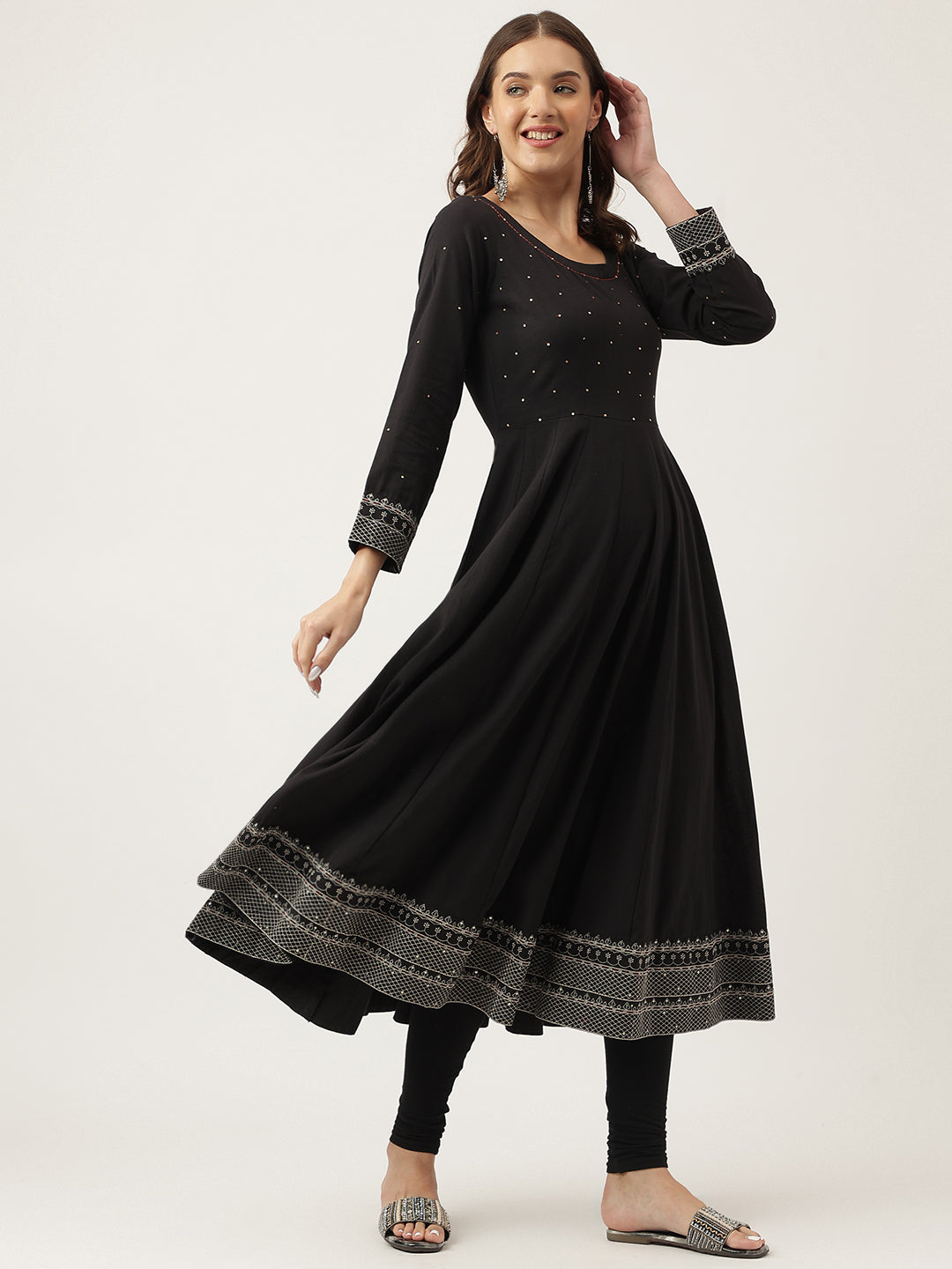 Black Embroidered Cotton Anarkali Kurta | LASVINI - Redefining Indian Fashion with Elegance