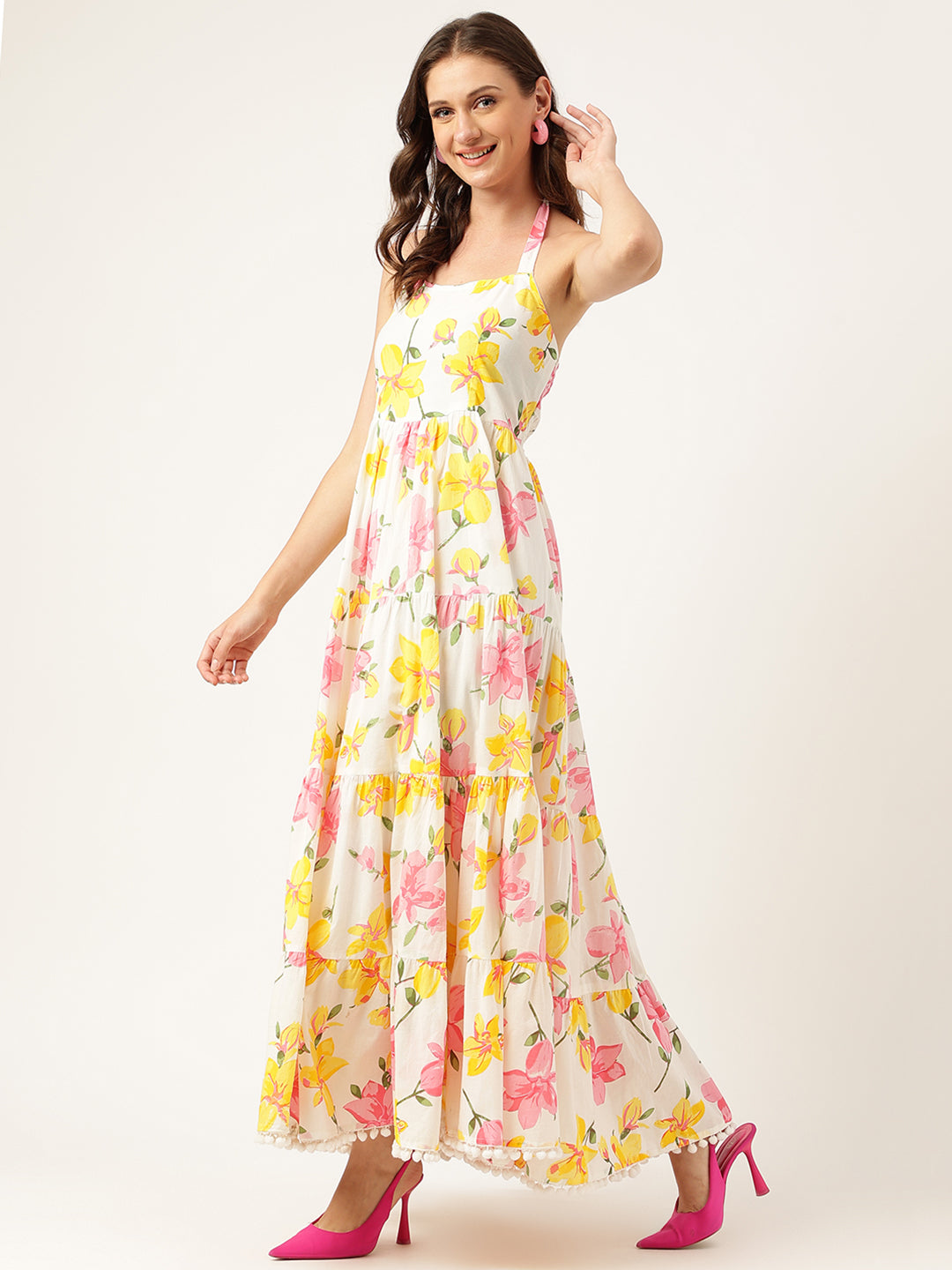 Floral Printed Halter Neck Cotton Casual Maxi Dress | LASVINI - Redefining Indian Fashion with Elegance