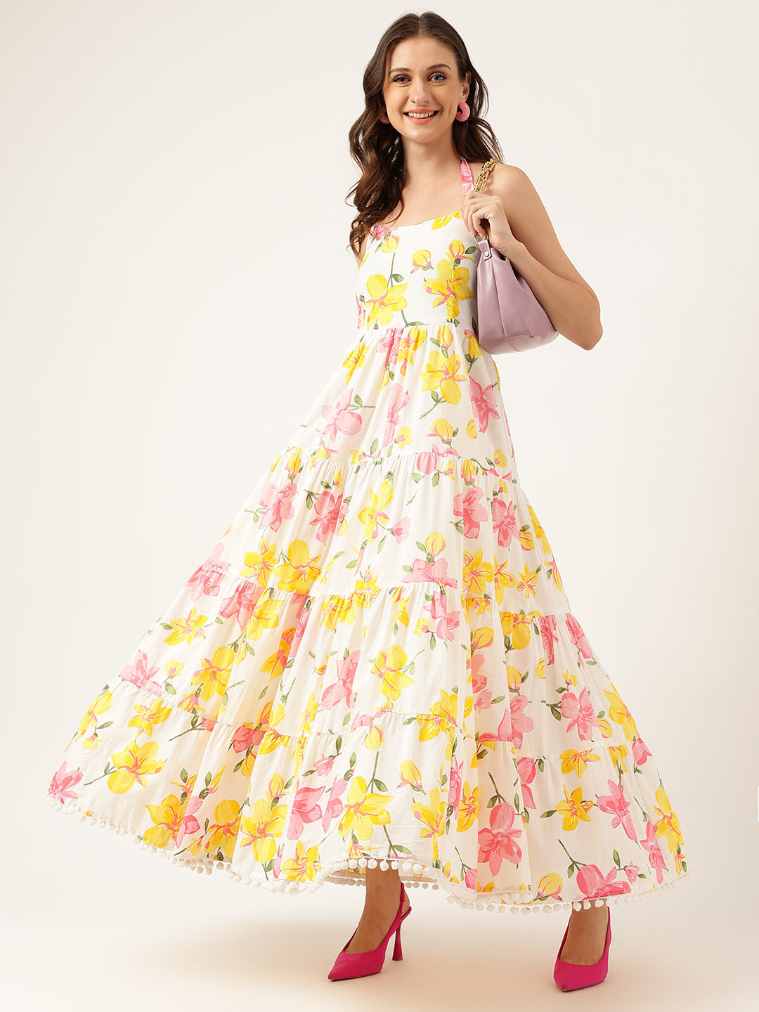 Floral Printed Halter Neck Cotton Casual Maxi Dress | LASVINI - Redefining Indian Fashion with Elegance