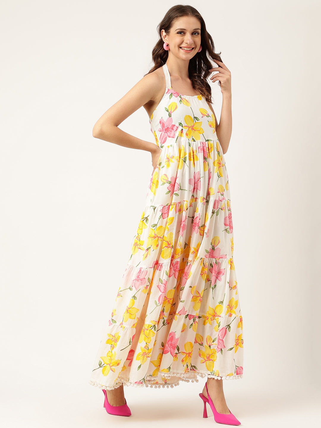 Floral Printed Halter Neck Cotton Casual Maxi Dress | LASVINI - Redefining Indian Fashion with Elegance