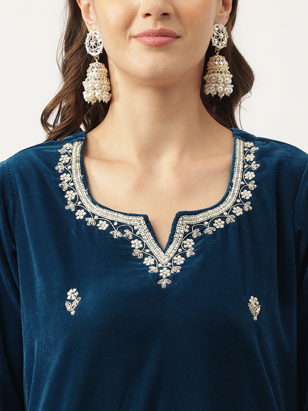 Rayol Blue Hand Embroidered Velvet Straight Kurta, Trousers With Dupatta Set | LASVINI - Redefining Indian Fashion with Elegance